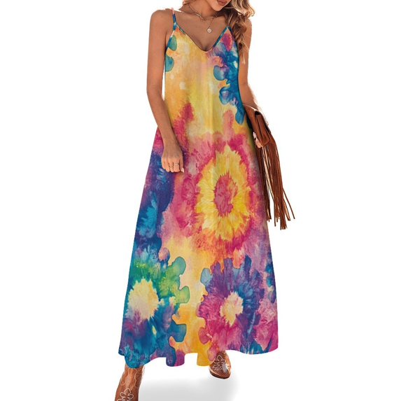 Colorful Tie Dye Vortex Womens Summer Dresses Casual Sleeveless Tshirt Sundresses Vacation Beach Cover Up Dress
