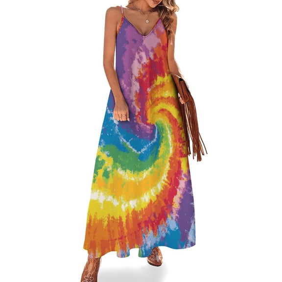 Colorful Tie Dye Vortex Womens Summer Dresses Casual Sleeveless Tshirt Sundresses Vacation Beach Cover Up Dress