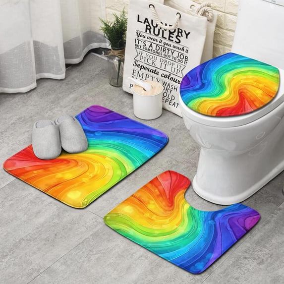 Colorful Tie Dye Wave Pattern Bathroom Rugs Sets 3 Piece,Toilet Cover Set,Absorbent Non Slip Bathroom Mats Sets with U-Shaped Contour Rug Toilet Rug Set
