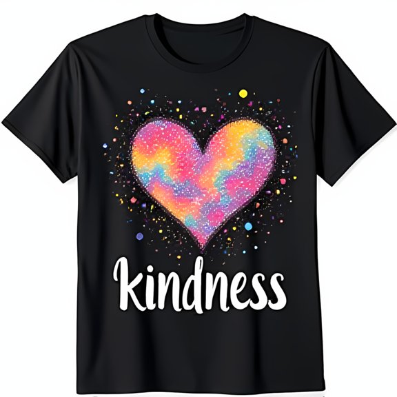 Colorful Tie Heart Black T-Shirt with 'Kindness' Print Short Sleeve