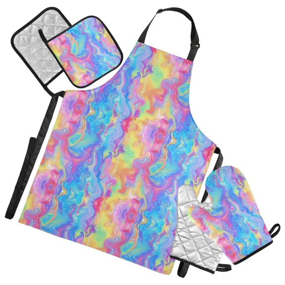 Colorful Tie-dye 5 Pcs Kitchen Set Heat Resistant Oven Mitts and Non-Slip Pot Holders with Adjustable Cooking Apron
