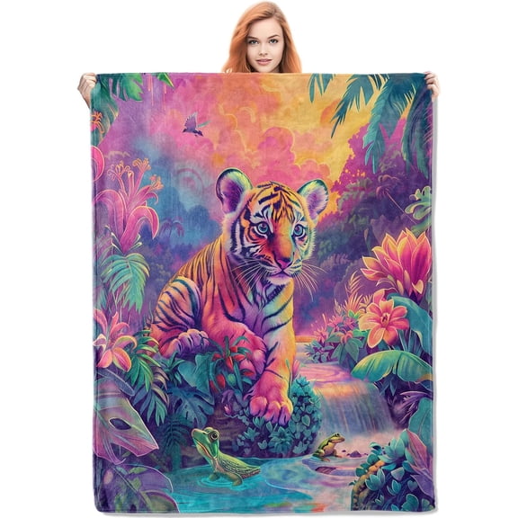 Colorful Tiger Cub in Jungle Blanket Gifts for Women, Wildlife Theme Flannel Blanket, Soft Warm Lightweight Throw Blankets for Bedding Sofa Couch Home Travel Decor 50" x 60"