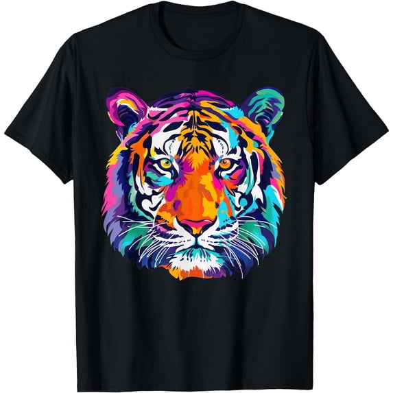 Colorful Tiger Face Graphic Softstyle Unisex T-Shirt,Black Color,Size YXL