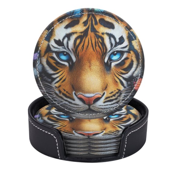 Colorful Tiger Face With Blue Eyes Surrounded By Colorful Butterflies
