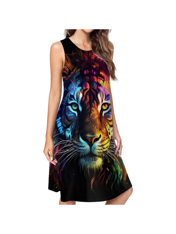 Colorful Tiger Galaxy Print Dress Elegant Party Dresses Evening Dresses Women Dress Sleeveless Dress Ladies Dresses