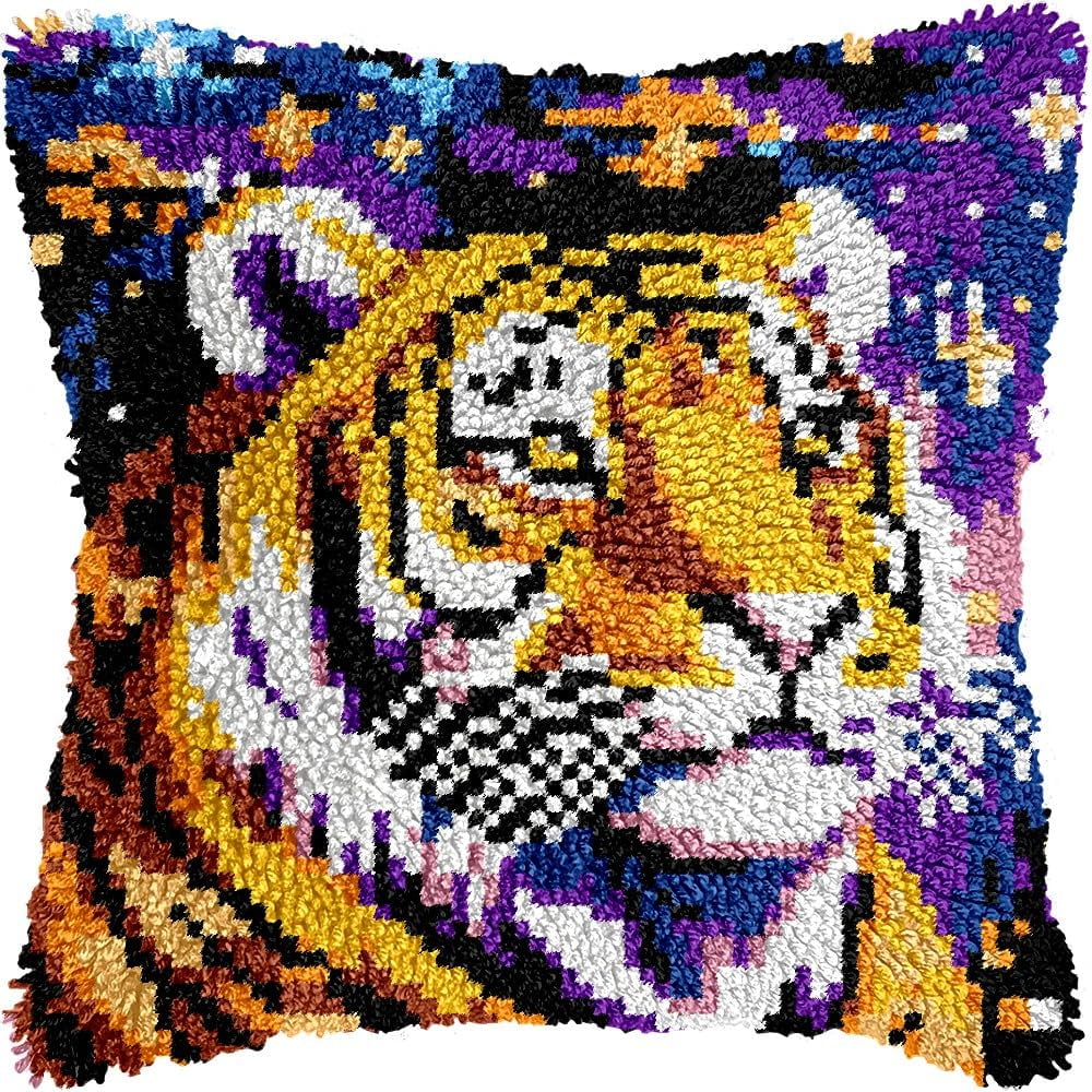 Colorful Tiger Latch Hook Kits Pillow kits Cushion Throw Pillow Embroidery Craft Kits DIY Kits of DIY Hooking Pillowcase Cover Supplier with Color Printed Canvas 43x43cm (98)