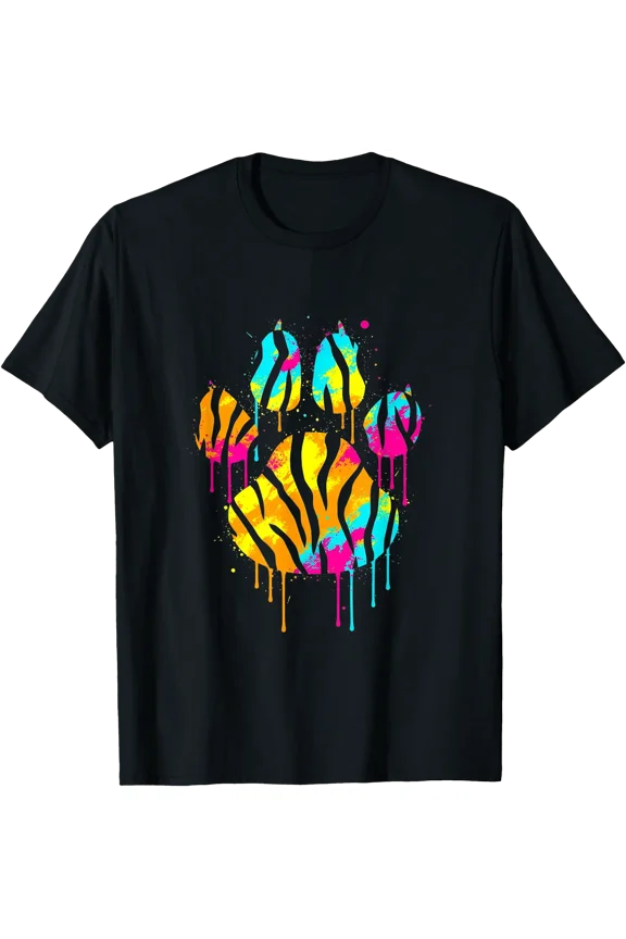 Colorful Tiger Paw Print Neon Art Rainbow Animal Lover Gift T-Shirt, Unisex T-Shirt