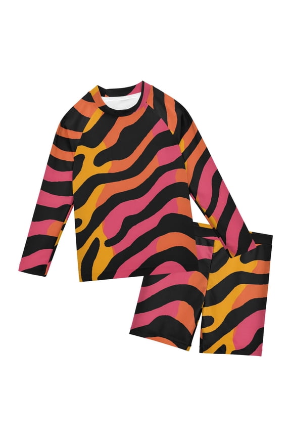 Colorful Tiger Stripes Pattern Boys' Bathing Suit UPF 50+ Boys' Rash Guard Sets Stretchy Quick Dry 3T-10T