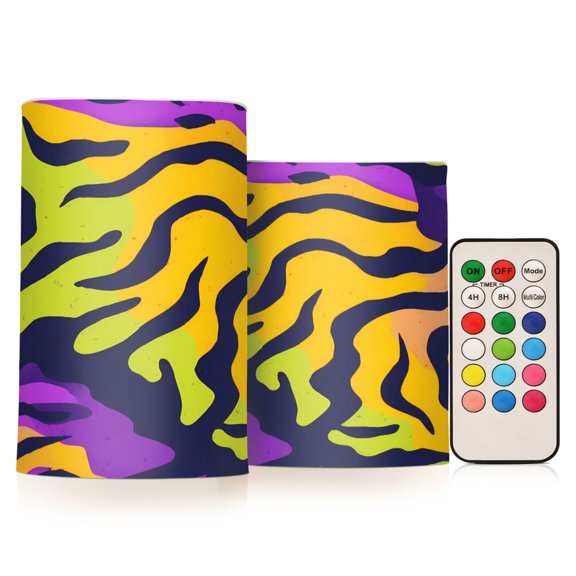 Colorful Tiger Stripes Pattern Flameless LED Candle Set with Remote, Battery Operated Color Changing Pillar Candles, Set of 2