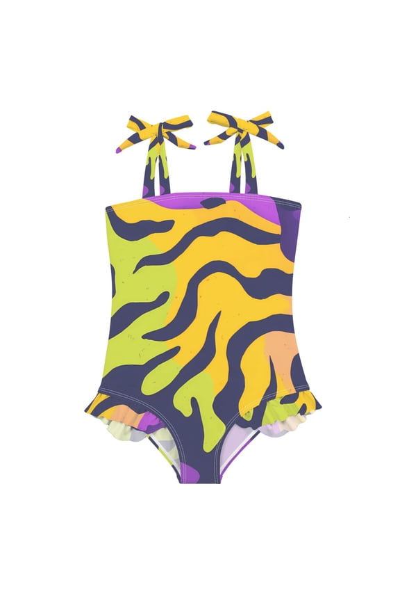 Colorful Tiger Stripes Pattern Girls' One-Piece Swimsuit Bowknot Tie Shoulder Ruffled Stretchy Quick Dry