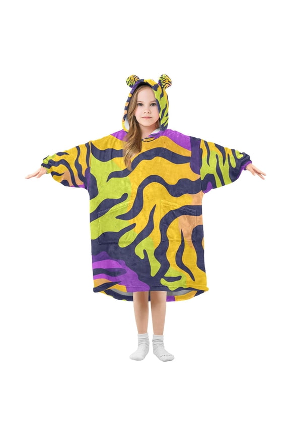 Colorful Tiger Stripes Pattern Wearable Blanket Hoodie Oversized Flannel Soft Warm Cozy 3-14 Age Small