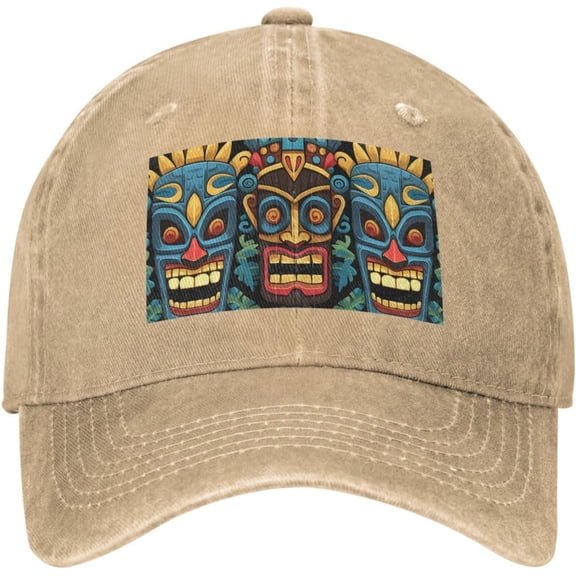 Colorful Tiki Mask Pattern Baseball Cap for Men Women Washed Cotton Denim Dad Hat Adjustable Baseball Hat, One Size-Large, Natural