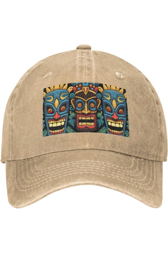 Colorful Tiki Mask Pattern Baseball Cap for Men Women Washed Cotton Denim Dad Hat Adjustable Baseball Hat, One Size-Large, Natural