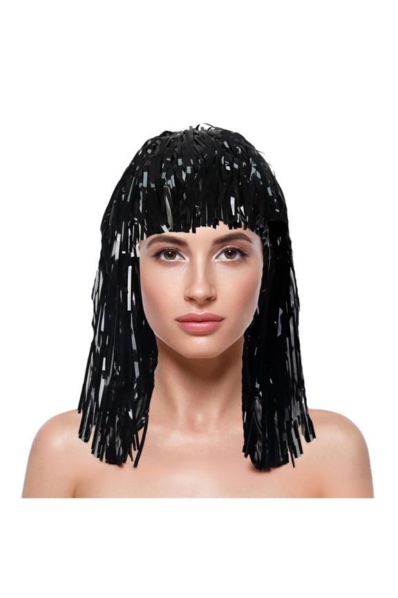 Colorful Tinsel Foil Wig Hat, Metallic Fringe Headpiece for Party Carnival, Cheerleader Spirit Accessory for Festivals and Cosplay Events Black
