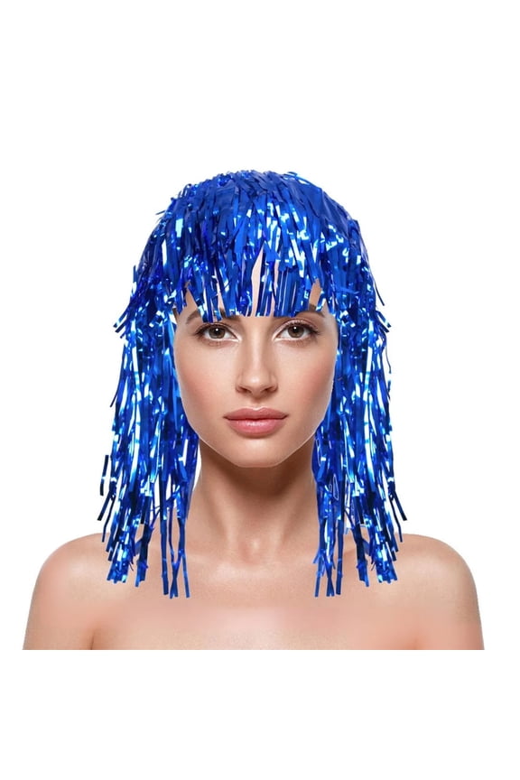 Colorful Tinsel Foil Wig Hat, Metallic Fringe Headpiece for Party Carnival, Cheerleader Spirit Accessory for Festivals and Cosplay Events Blue