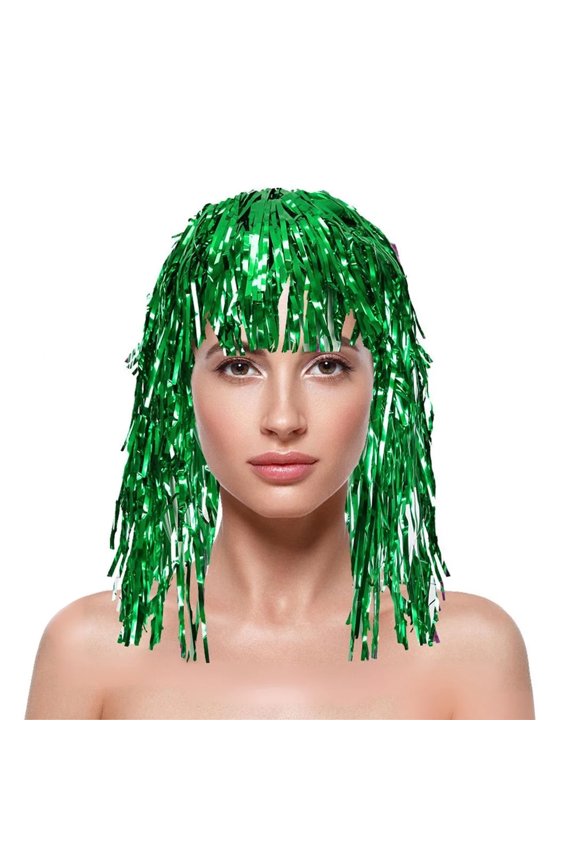 Colorful Tinsel Foil Wig Hat, Metallic Fringe Headpiece for Party Carnival, Cheerleader Spirit Accessory for Festivals and Cosplay Events Green