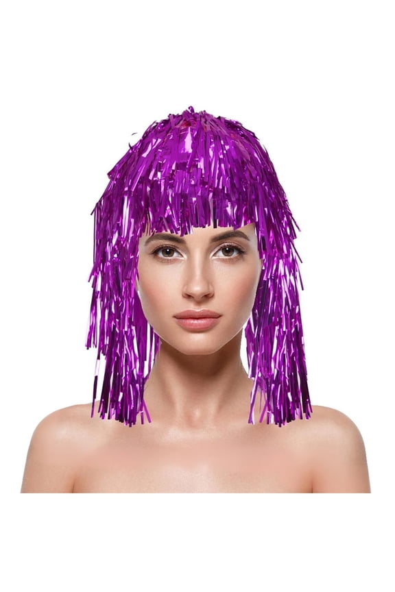 Colorful Tinsel Foil Wig Hat, Metallic Fringe Headpiece for Party Carnival, Cheerleader Spirit Accessory for Festivals and Cosplay Events Hot Pink