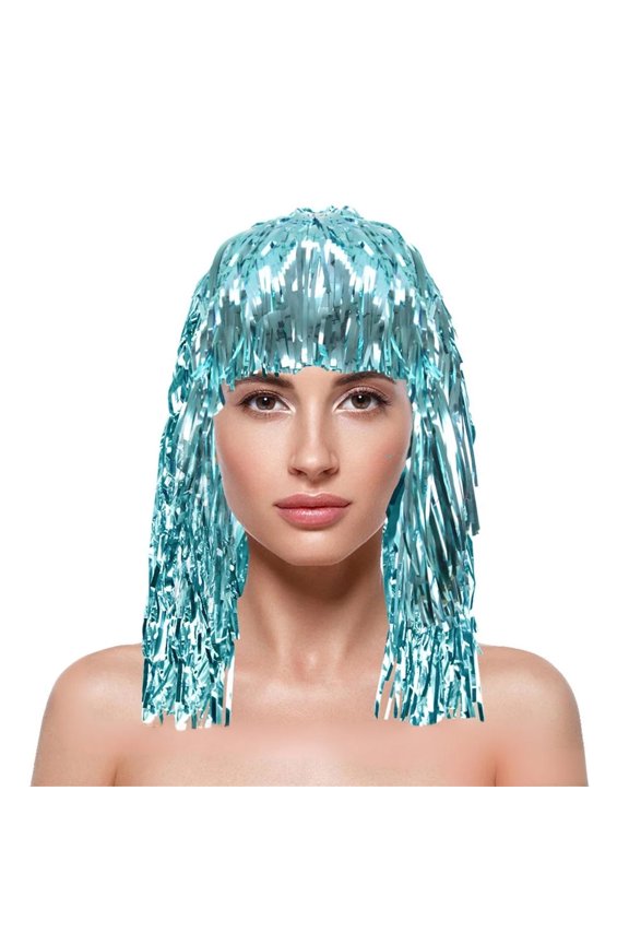 Colorful Tinsel Foil Wig Hat, Metallic Fringe Headpiece for Party Carnival, Cheerleader Spirit Accessory for Festivals and Cosplay Events Light Blue