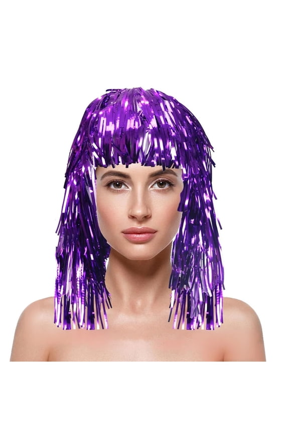 Colorful Tinsel Foil Wig Hat, Metallic Fringe Headpiece for Party Carnival, Cheerleader Spirit Accessory for Festivals and Cosplay Events Purple
