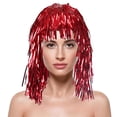 thumbnail image 1 of Colorful Tinsel Foil Wig Hat, Metallic Fringe Headpiece for Party Carnival, Cheerleader Spirit Accessory for Festivals and Cosplay Events Red, 1 of 2
