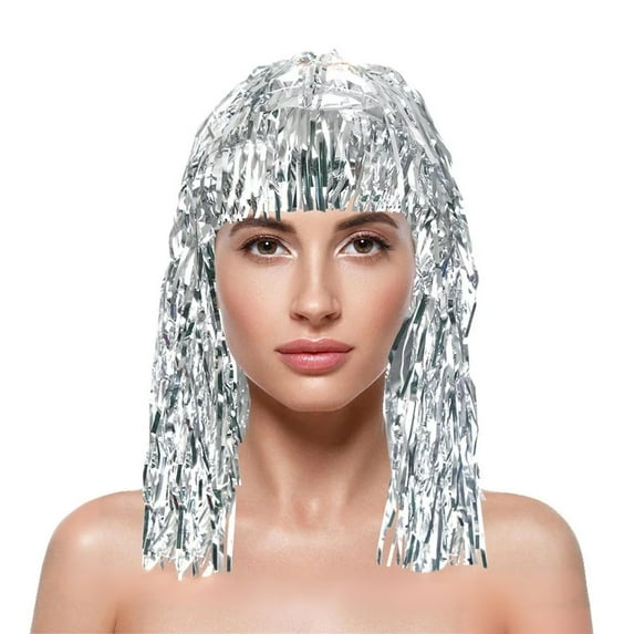 Colorful Tinsel Foil Wig Hat, Metallic Fringe Headpiece for Party Carnival, Cheerleader Spirit Accessory for Festivals and Cosplay Events Silver