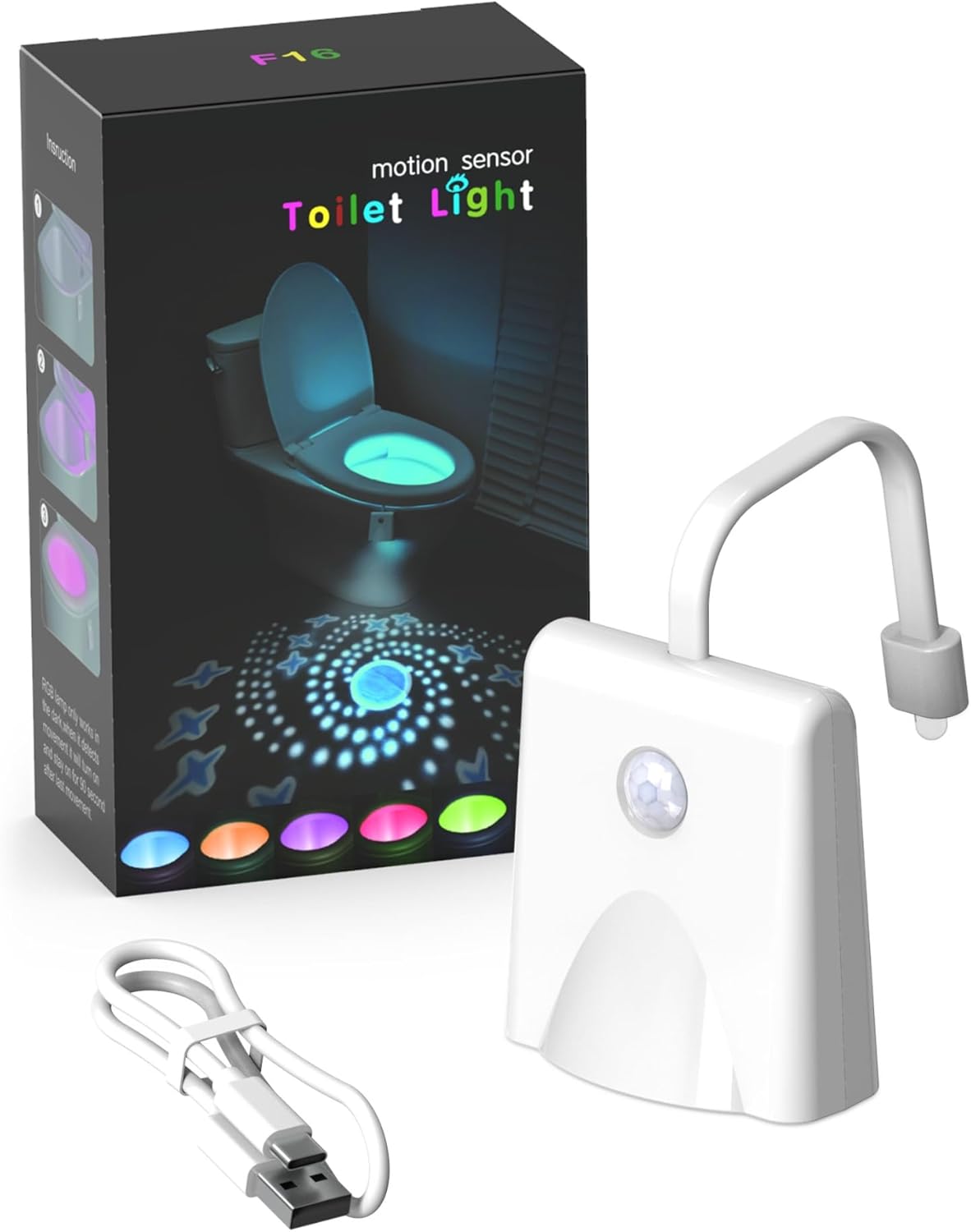 Colorful Toilet Bowl Light, Rechargeable 16-Color LED Interior Commode ...