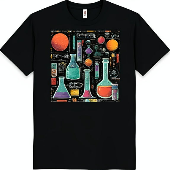 Colorful Tools Print Black T-Shirt Beakers Flasks & Oranges Design