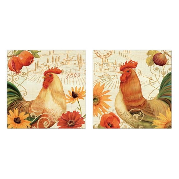 Colorful Toscana Rooster and Floral Set by Daphne Brissonnet; Country Decor; Two 12x12in Poster Prints