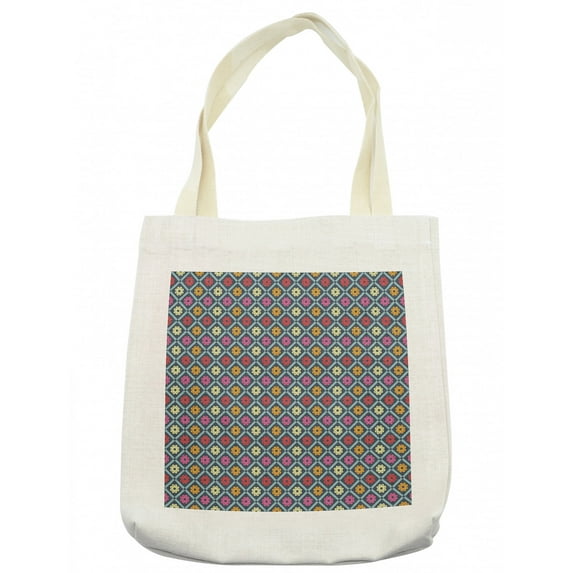 Colorful Tote Bag, Diagonal Checkered Pattern with Daisy Blossoms Inside Retro Effect Simple Tile, Cloth Linen Reusable Bag for Shopping Books Beach and More, 16.5" X 14", Cream, by Ambesonne