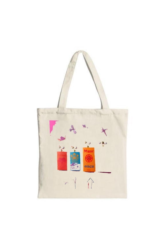 Colorful Tote Bag with ' Biscuit Cat ' boxes adorned with purple butterflies and birds perfect for shopping and travel