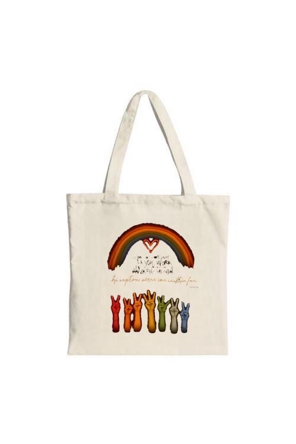 Colorful Tote Bag with Rainbow Design featuring 7 hands raised in solidarity Perfect for shopping travel and parties