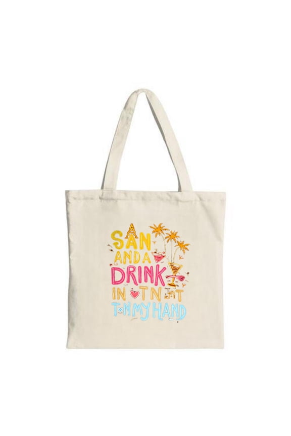Colorful Tote Bag with " SAN ANDA DRINK IN TN IN MY HAND " design featuring palm trees a cocktail glass and heart