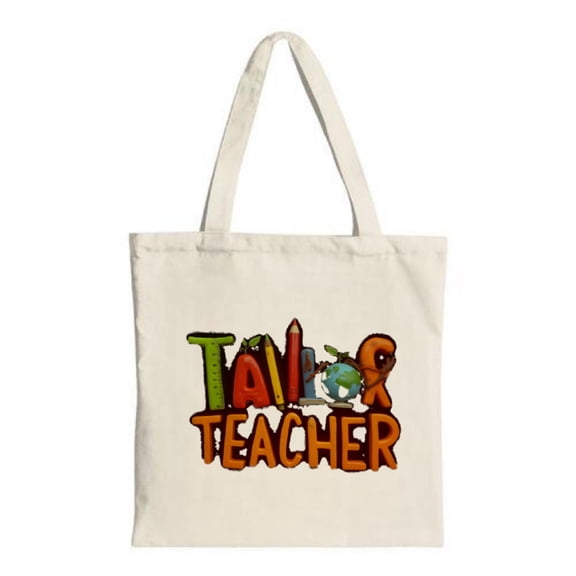 Colorful Tote Bag with " TAILOR TEACHER " in bold letters featuring a sewing machine and globe design perfect for shopping and travel