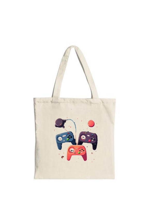 Colorful Tote Bag with Triangular Controller Design - Purple Blue and Orange Controllers Perfect for Shopping Travel and Parties