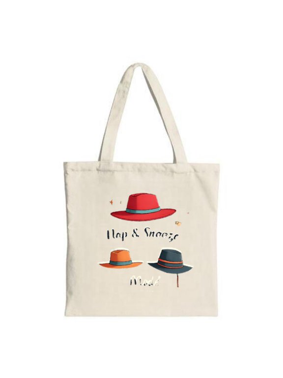 Colorful Tote Bag with Whimsical Hat Design: Red Orange and Dark Blue Hats with ' Hop & Snooze ' Text - Perfect for Shopping & Travel