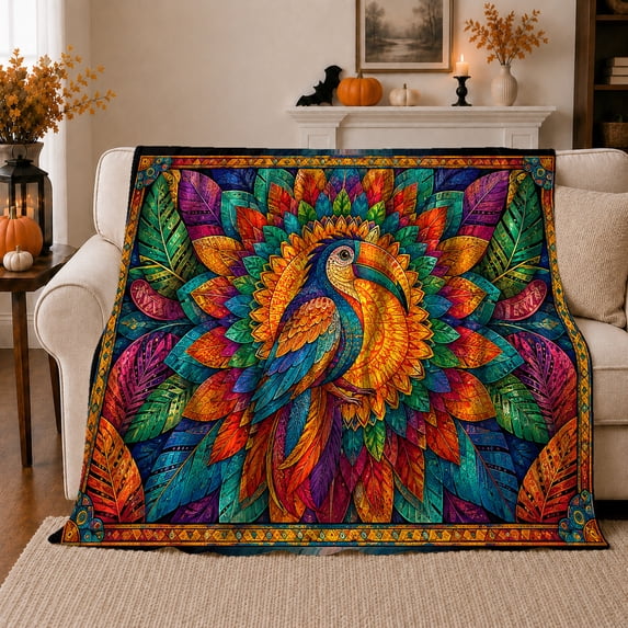 Colorful Toucan Centered In Radiating Tropical Leaves, Soft Flannel Blanket with Decorative Mosaic Illustration Print, Housewarming Gift and Home Decor for Bedroom and Living Room