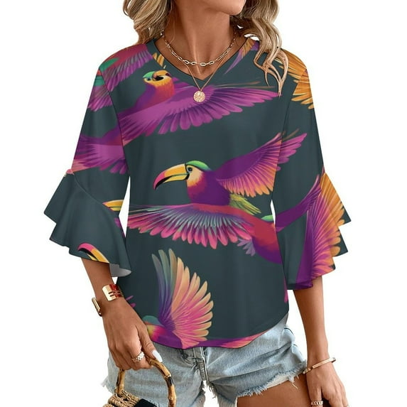 Colorful Toucans Vibrant Seamless Pattern Women's V-Neck Blouse With 3/4 Ruffled Bell Sleeves Casual Top Ladies Blouses