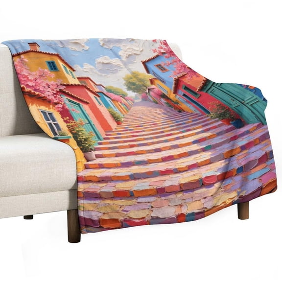 Colorful Town Print Flannel Blanket Novelty Pattern Nap Blanket Sofa Room Office Soft Throw Blanket Outdoor Camping Warm Blanket