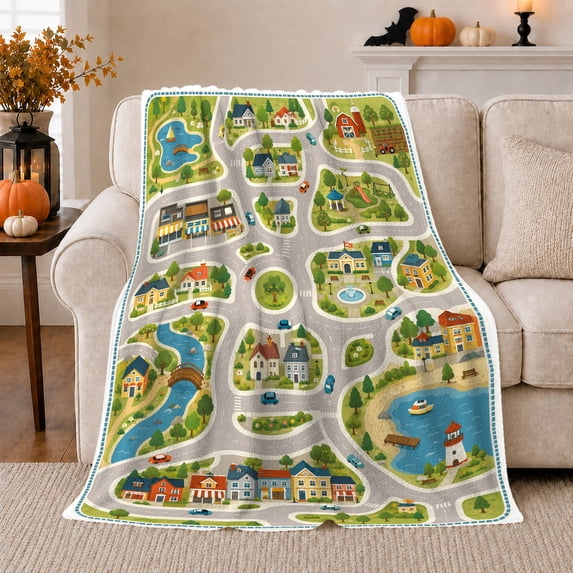 Colorful Town Road Map with Houses Shops Farm Cars Pond Sailboat Lighthouse and Bridge, Playful Neighborhood Art Cozy Flannel Blanket for Playroom and Bedroom, Birthday Gift, Home Decor