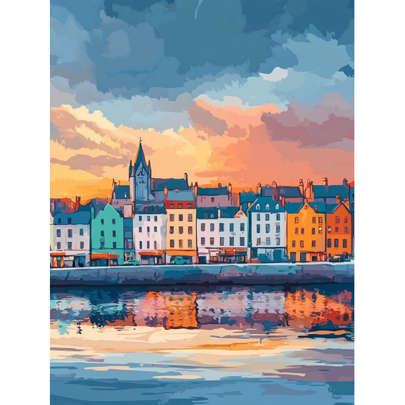 Colorful Town Waterfront Sunset Canvas PaintingSuitable for Living RoomBedroomOfficeDining Roomand Hotel Decoration.