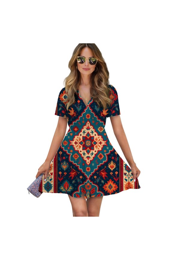 Colorful Traditional Geometric Floral Pattern Women Dress V-Neck Short Sleeve Flowy Swing Party Midi Dress