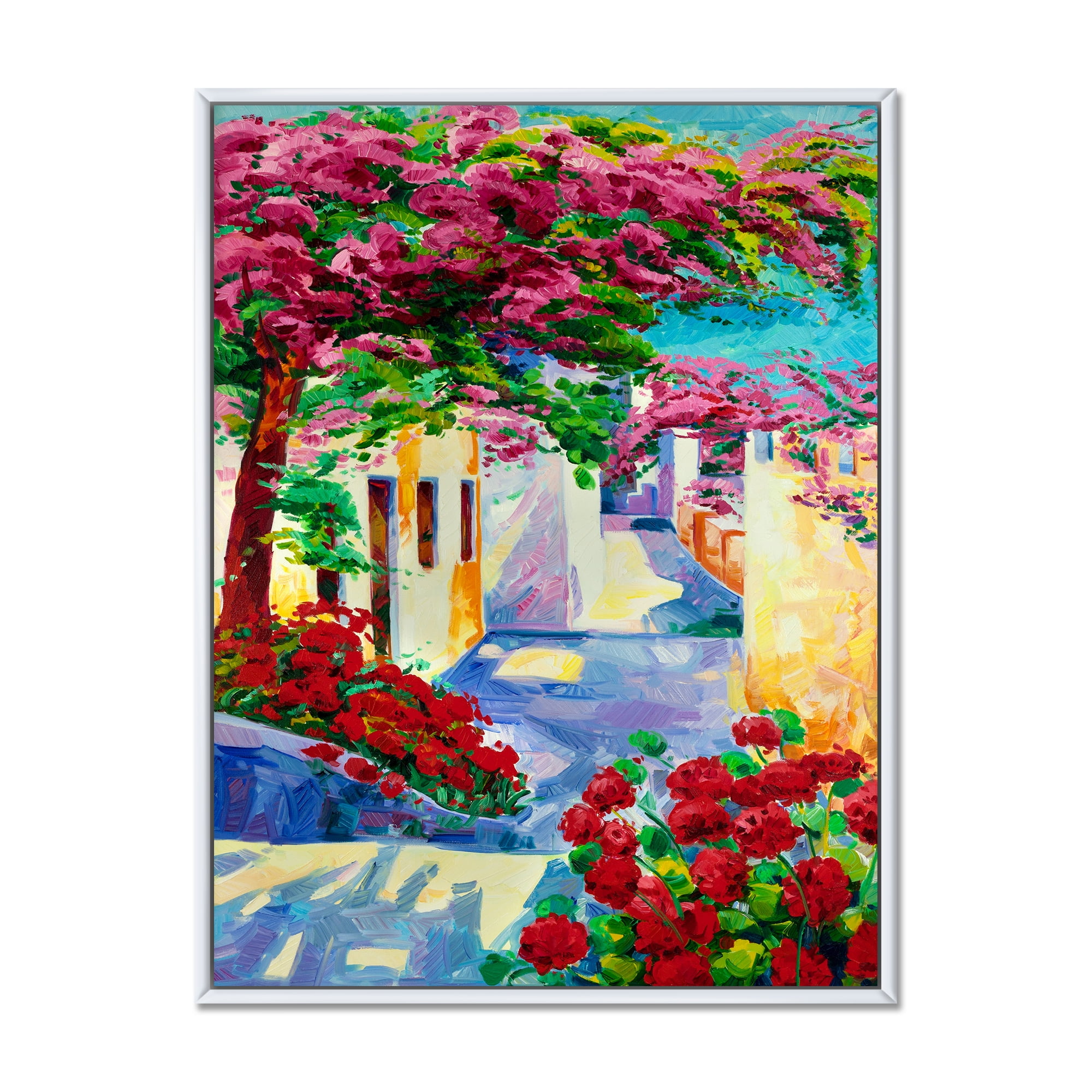 Colorful Traditional Santorini Houses Among Flowers 12 in x 20 in Framed Painting Canvas Art Print, by Designart