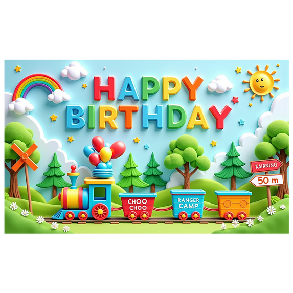 Colorful Train Happy Birthday Banner for Kids Outdoor Party Celebration