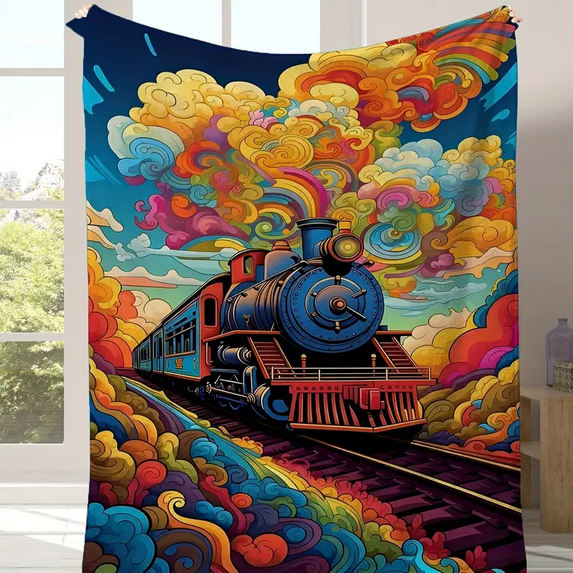 Colorful Train Style Blanket, All Over Print Railway Locomotive Throw for Bed or Couch, Fun Train Theme Bedding, Creative Gift Idea for Train Lovers
