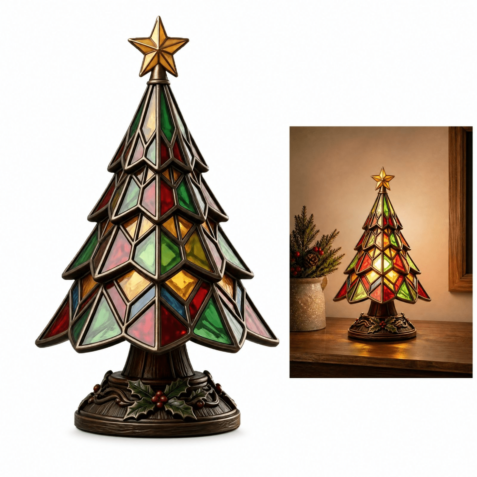 Colorful Translucent Stained Glass Christmas Tree Night Light, Tiffany ...