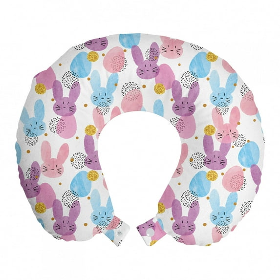 Colorful Travel Pillow Neck Rest, Childish Style Easter Bunnies and Eggs Pattern with Watercolor Painting, Memory Foam Traveling Accessory Airplane and Car, 12", Baby Pink Pale Blue, by Ambesonne