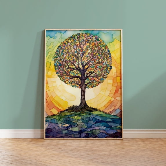 Colorful Tree Abstract Mosaic Nature Art, Unframed Canvas 16x20in