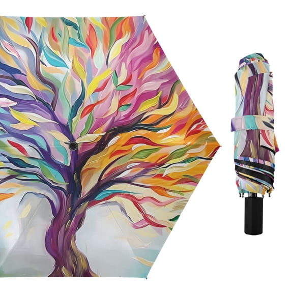 Colorful Tree Bright Color Leaves All Weather Umbrella Triple Folding Parasol 6 Ribs UV Protection Portable