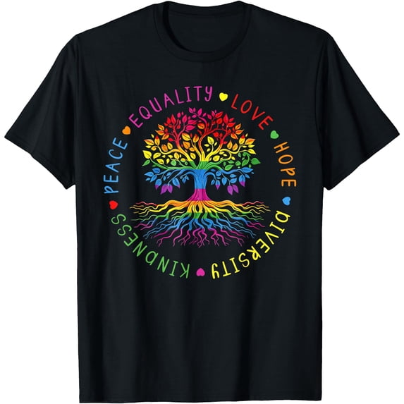 Colorful Tree Design T-Shirt Promoting Kindness, Peace, Equality, and Diversity