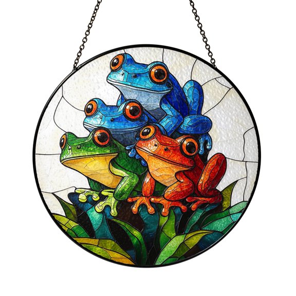 Colorful Tree Frog Stained Glass Style Suncatcher Window Hanging Decor, Tropical Frog Decorative Glass Panel Art for Nature Window Decor, Rainforest Animal Ornament